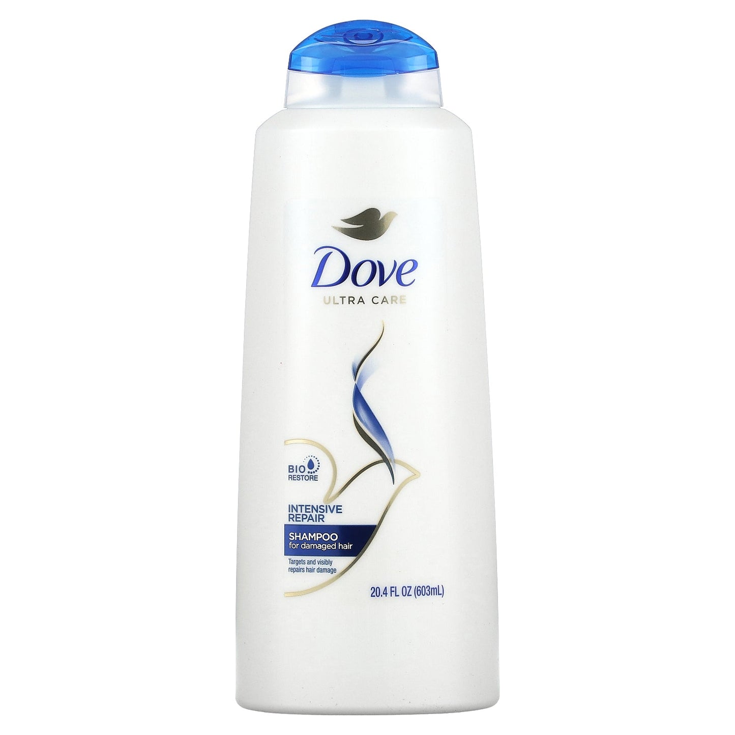Dove Nutritive Solutions Intensive Repair Shampoo in a 20.4 oz bottle, featuring creamy formula for damaged hair care.
