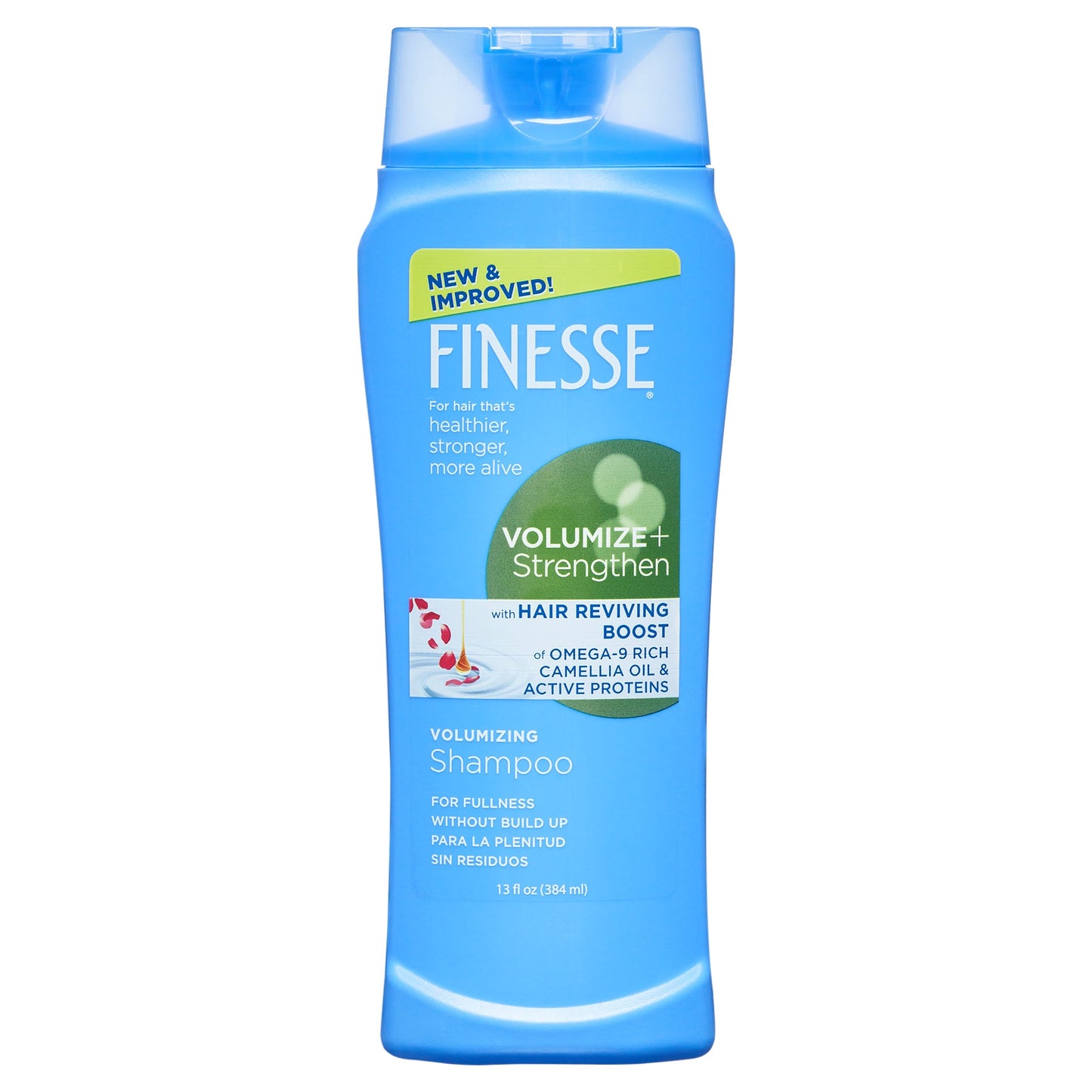Finesse Volumize + Strengthen shampoo by Pasteur Pharmacy, 13 fl oz bottle, shown with thick, shiny hair and vibrant packaging.