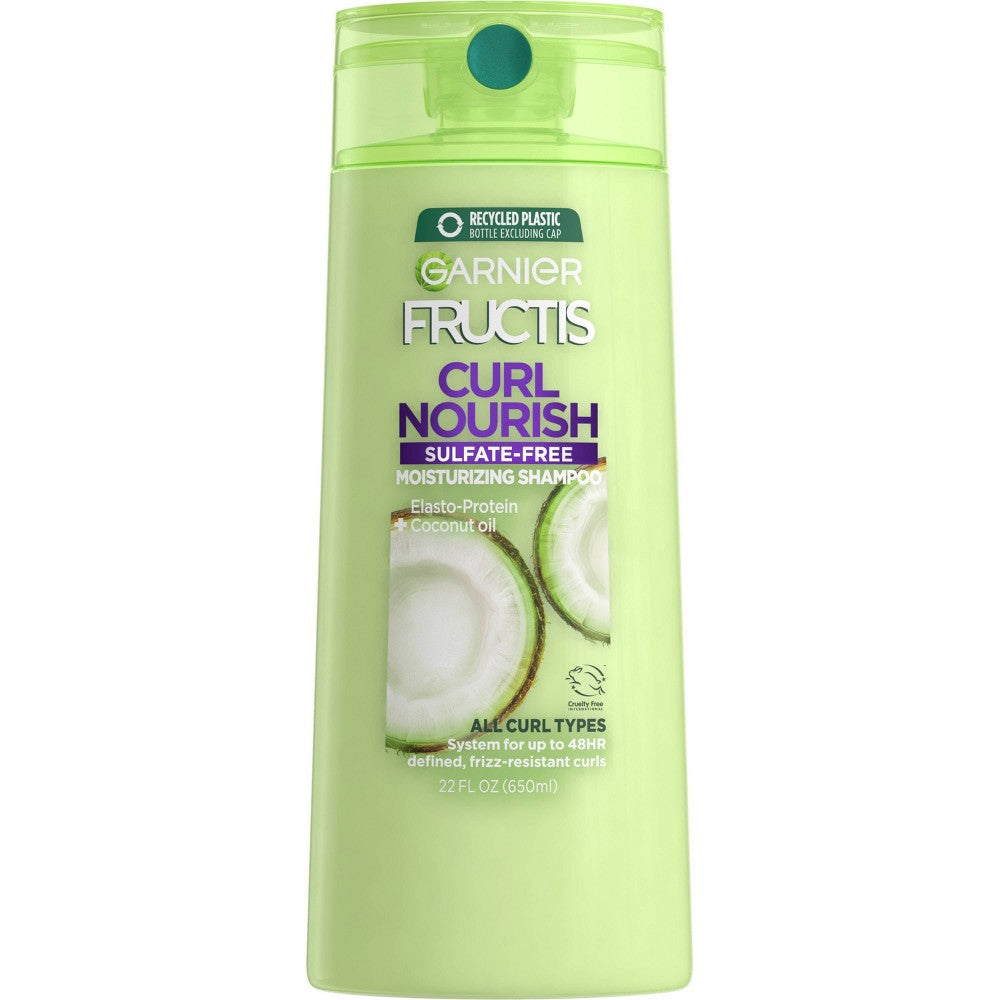 Garnier Fructis Curl Nourish Shampoo bottle with label, featuring curly hair illustrations, on a white background
