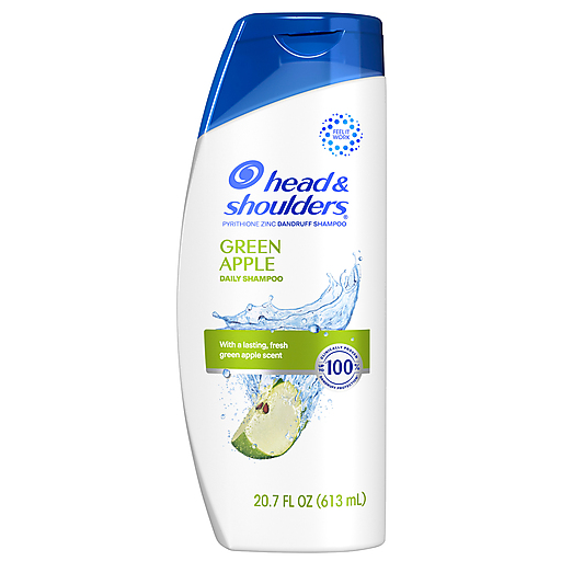 Head & Shoulders Green Apple dandruff shampoo bottle from Pasteur Pharmacy, 20.7 Fl Oz, with green apple scent and clear label.