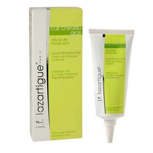 J.f. Lazartigue cleansing massage gel shampoo for oily hair in a 75ml tube, designed for scalp freshness and hair care.