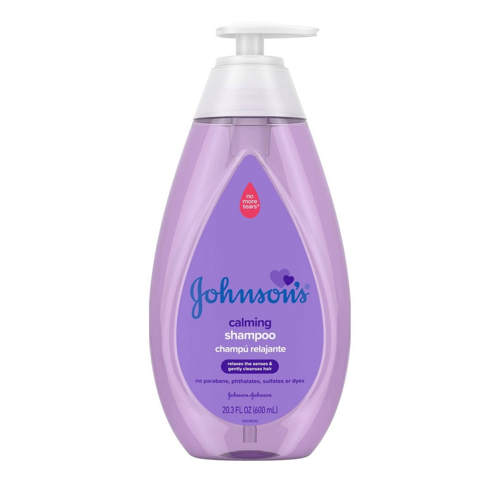 Johnson's Calming Baby Shampoo with Naturalcalm scent in a 20.3 oz bottle, gentle and soothing for baby's delicate hair.