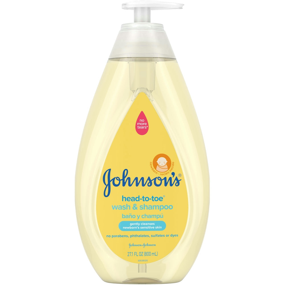 Johnson's Head-To-Toe Gentle Tear-Free Baby Shampoo in 27.1 Fl Oz bottle, suitable for newborns and infants.
