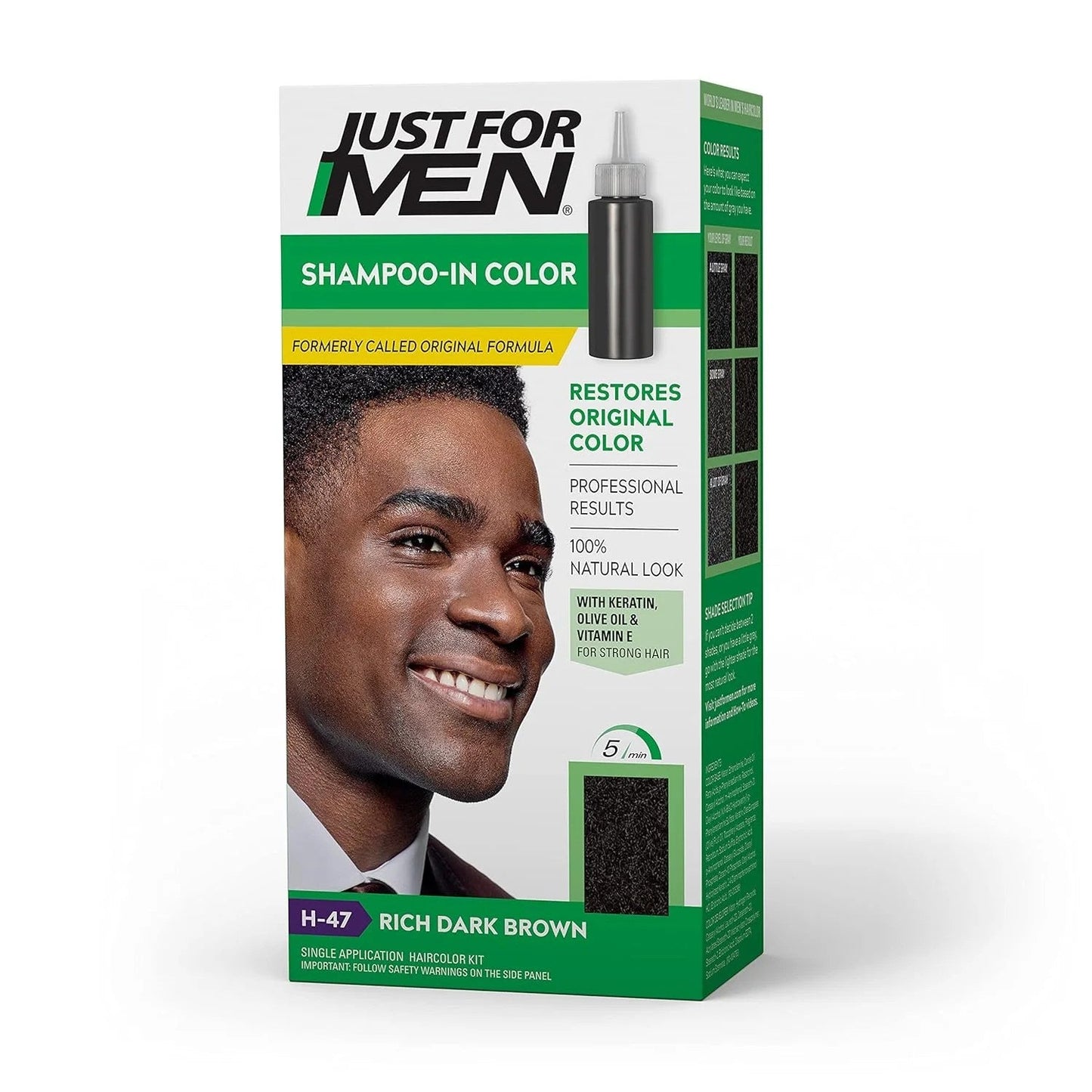 Just For Men Rich Dark Brown H-47 shampoo in color, dark brown hair dye shampoo for men, visible bottle and label.