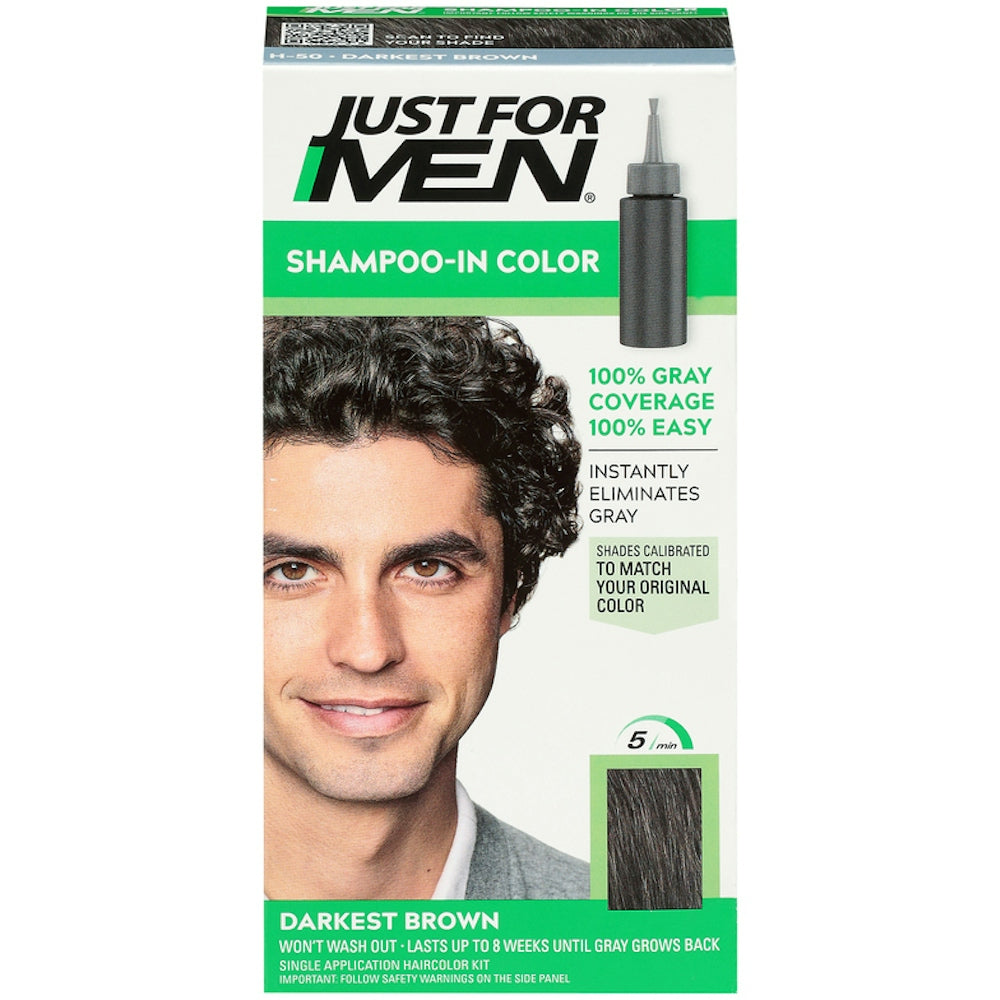 Just For Men Shampoo in Color Darkest Brown H 50 by Pasteur Pharmacy, showing the bottle and label with product details.
