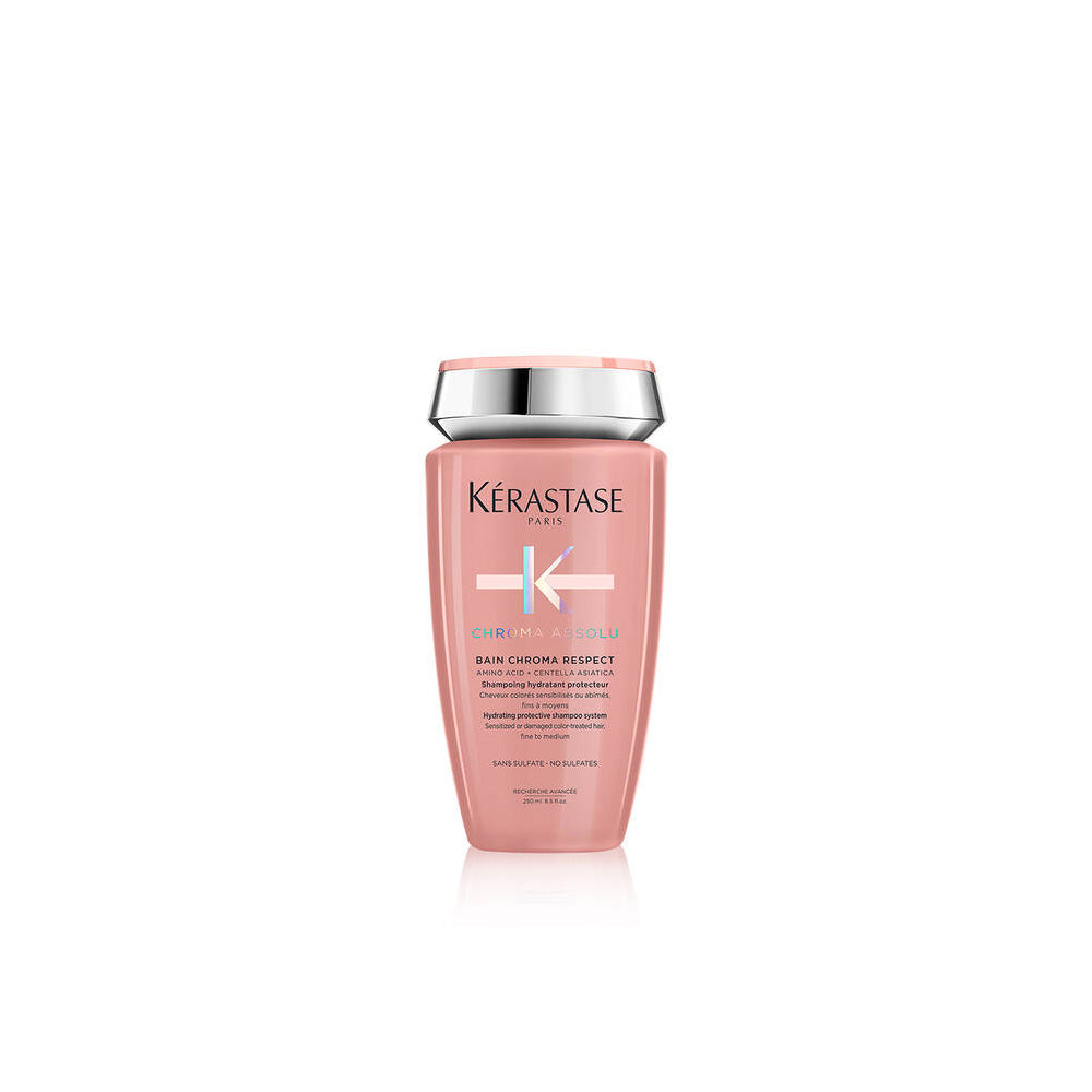 Kérastase Bain Chroma Respect Shampoo in a sleek bottle, designed to nourish and protect colored hair.