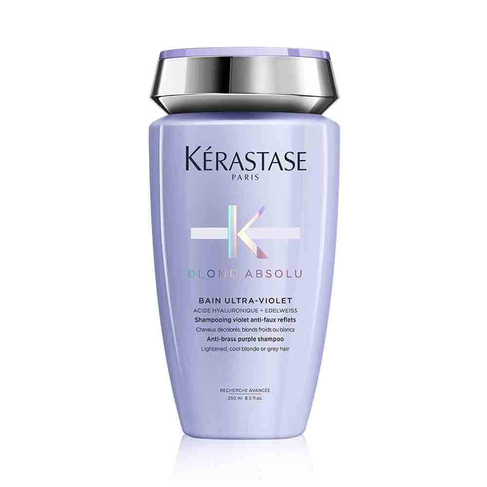 Kerastase Blond Absolu Ultra Violet Blonde Hair Shampoo 250ml bottle with purple and silver label, designed for blonde hair care.
