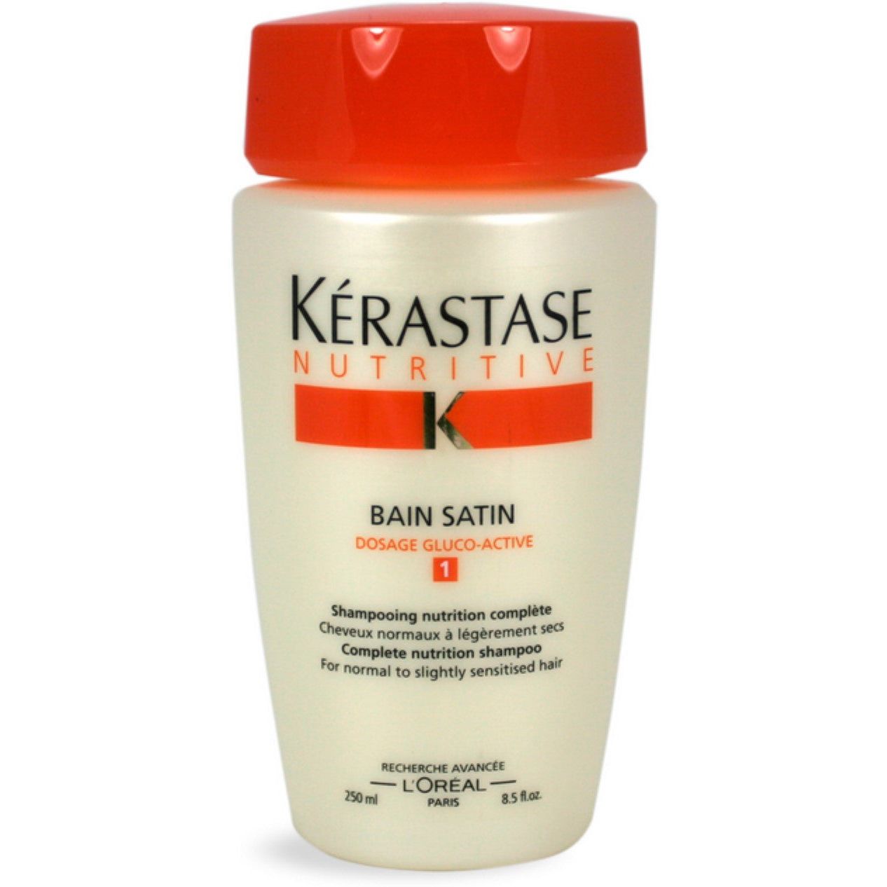 Kérastase Bain Satin 1 Shampoo in 8.5oz bottle, gentle hair cleanser with nourishing formula, displayed in a sleek bottle.