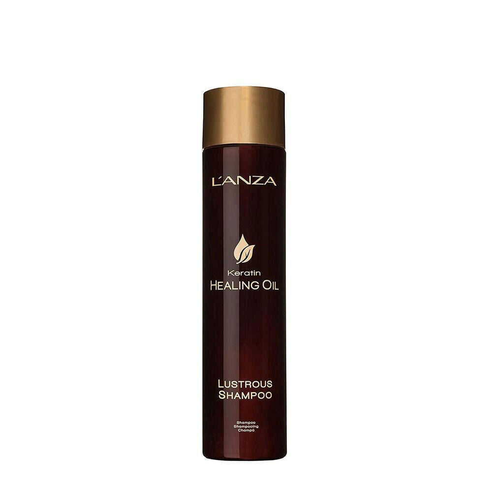 L'anza Keratin Healing Oil Lustrous Shampoo bottle, 10.1 oz, with sleek packaging and clear label showing the brand and product type.