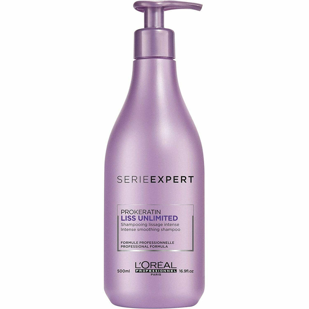 L'Oréal Professionnel Liss Unlimited Shampoo in 500ml bottle, smooth and sleek hair care product with white bottle design