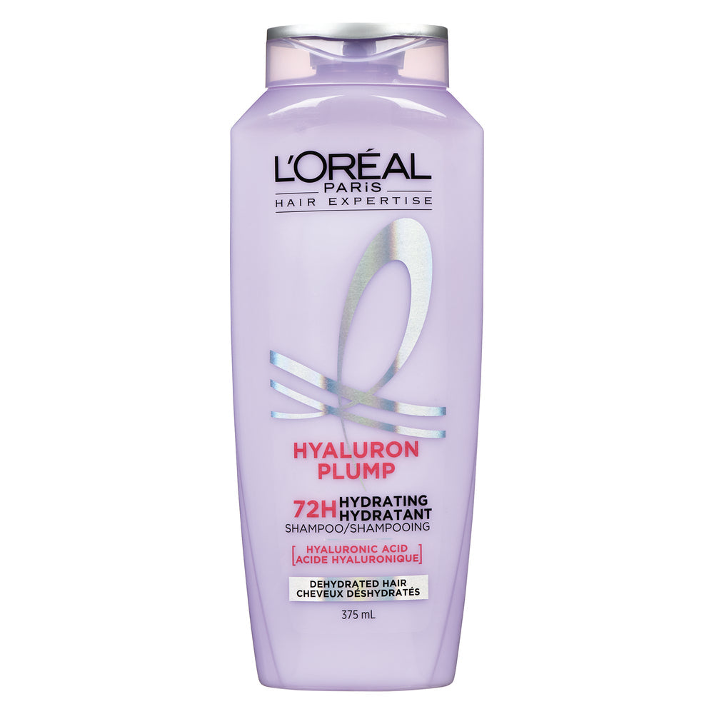 L'Oreal Paris Elvive Hyaluron + Plump Hydrating Shampoo bottle with hyaluronic acid, 12.6 oz, displayed upright.