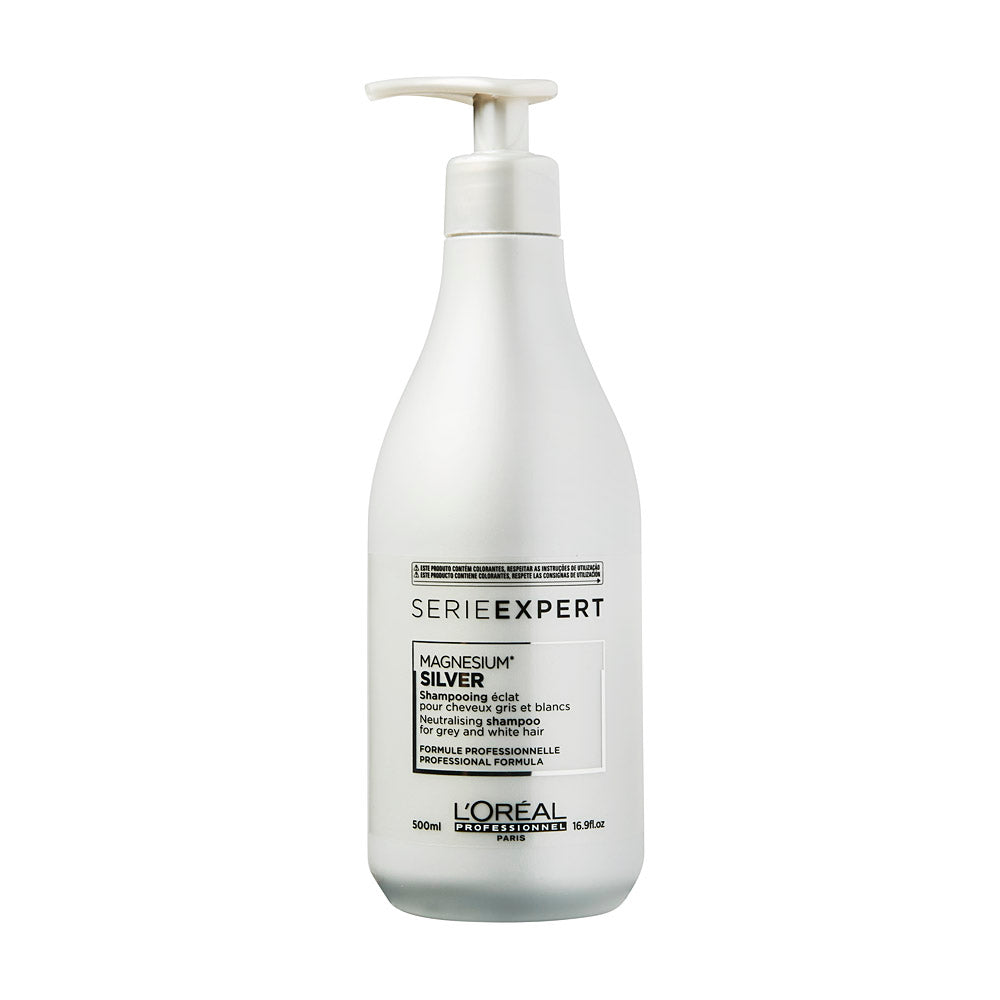 L'Oreal Professionnel Serie Expert Magnesium Silver Shampoo bottle with silver and purple label, designed for blonde or gray hair care.