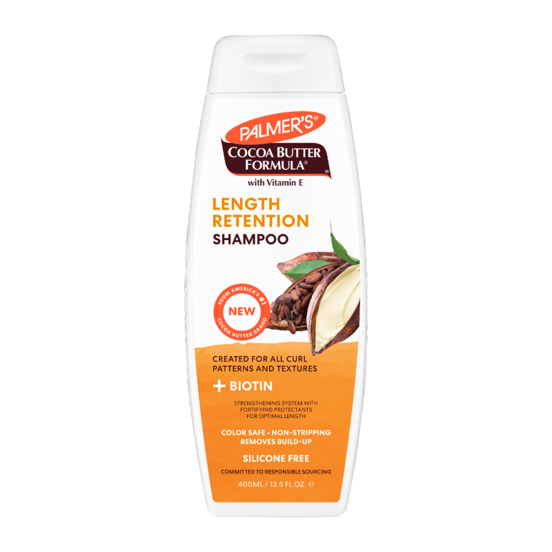 Pasteur Pharmacy Palmer's Cocoa Butter Biotin Length Retention Shampoo bottle, 13.5 fl oz, with creamy formula for hair care.