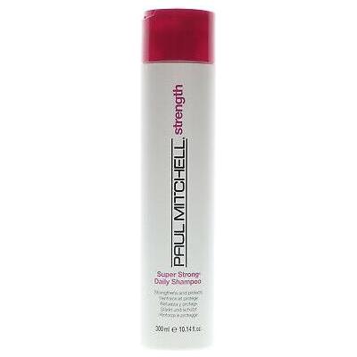 Paul Mitchell Super Strong Daily Shampoo in 300ml bottle, clear label, with shampoo lather and product packaging visible.