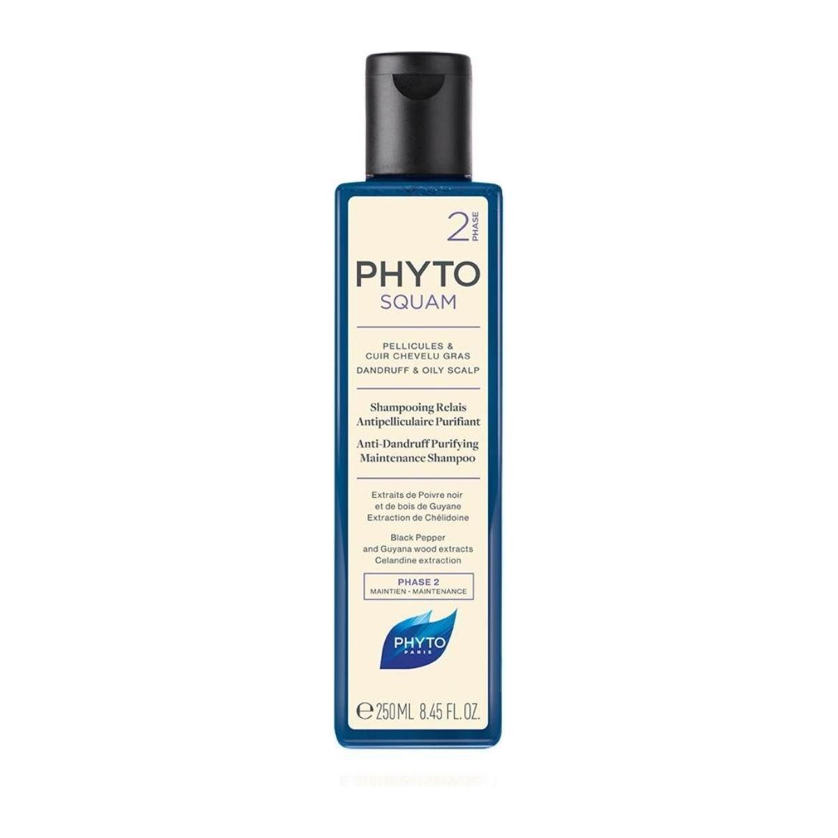 Pasteur Pharmacy Phyto Squam Purifying Maintenance Shampoo bottle, 250 ml, with clear label and pump dispenser.