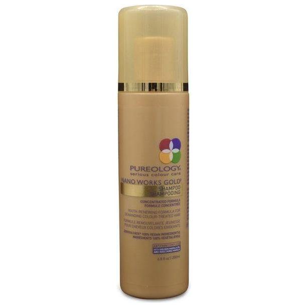 Pureology Nano Works Gold Shampoo in 6.8 fl oz bottle, volumizing and nourishing hair care product with gold-infused formula.