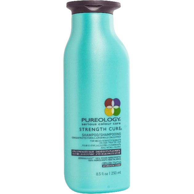 Pureology Strength Cure Shampoo 8.5 oz, moisturizing hair care product with sulfate-free formula for damaged hair.