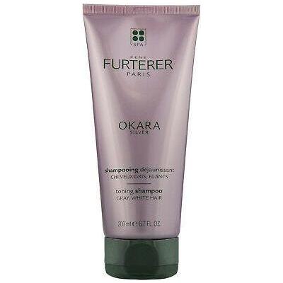 Rene Furterer OKARA SILVER toning shampoo in a 200ml bottle, designed to neutralize yellow tones in blonde or gray hair