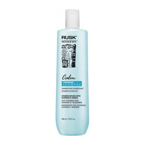 Rusk Sensories Calm Shampoo bottle with label showing guarana and ginger nourishing ingredients, 13.5 oz, by Pasteur Pharmacy