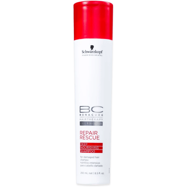 Schwarzkopf BC Bonacure Repair Rescue Shampoo in 8.5 oz bottle, showing the shampoo container with product label and cap