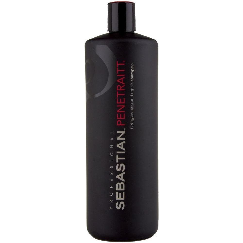 Sebastian Penetraitt strengthening and repair shampoo in 33.8 oz bottle, designed to nourish and repair damaged hair.