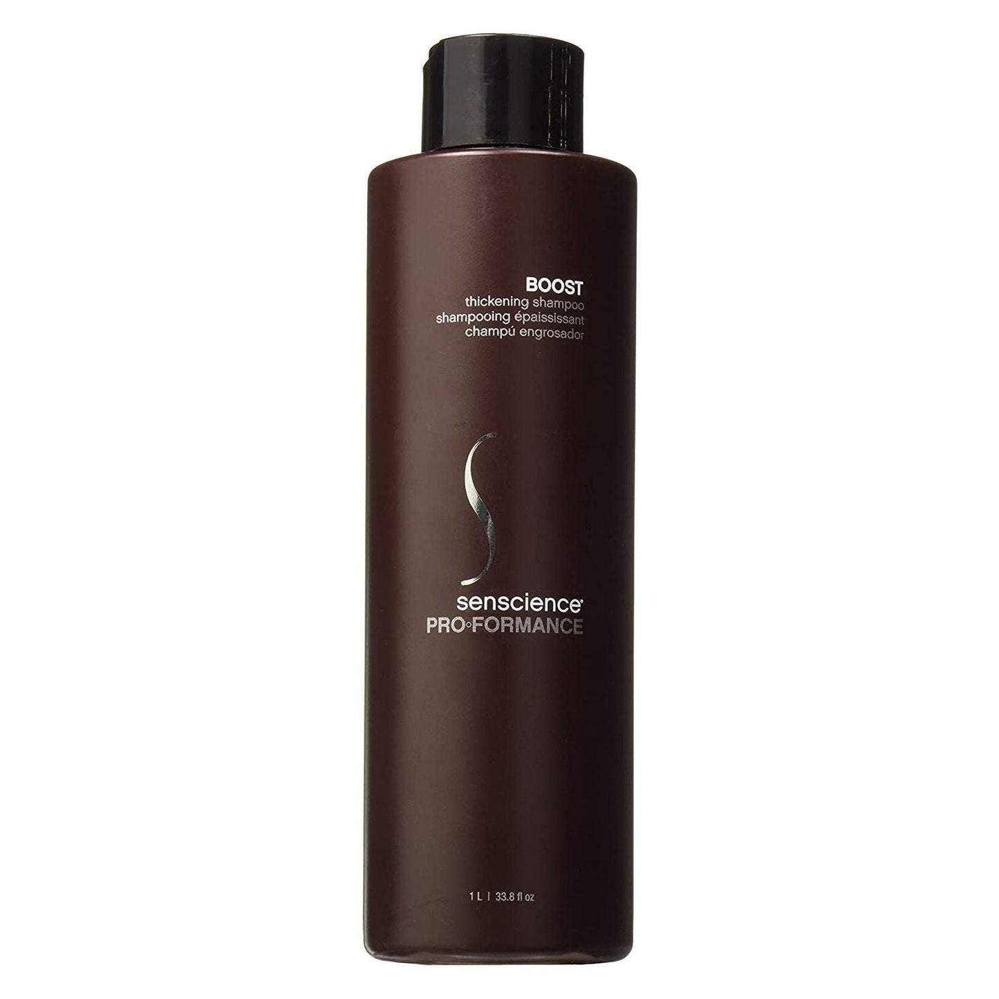 Senscience Pro-Formance Boost thickening unisex shampoo in a 33.8oz bottle, designed to enhance hair volume and strength.