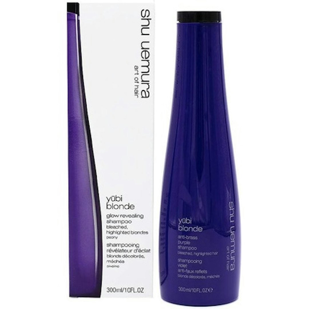Shu Uemura Art of Hair Yubi Blonde Anti-Brass Purple Shampoo in 300ml bottle, designed to neutralize yellow tones in blonde hair