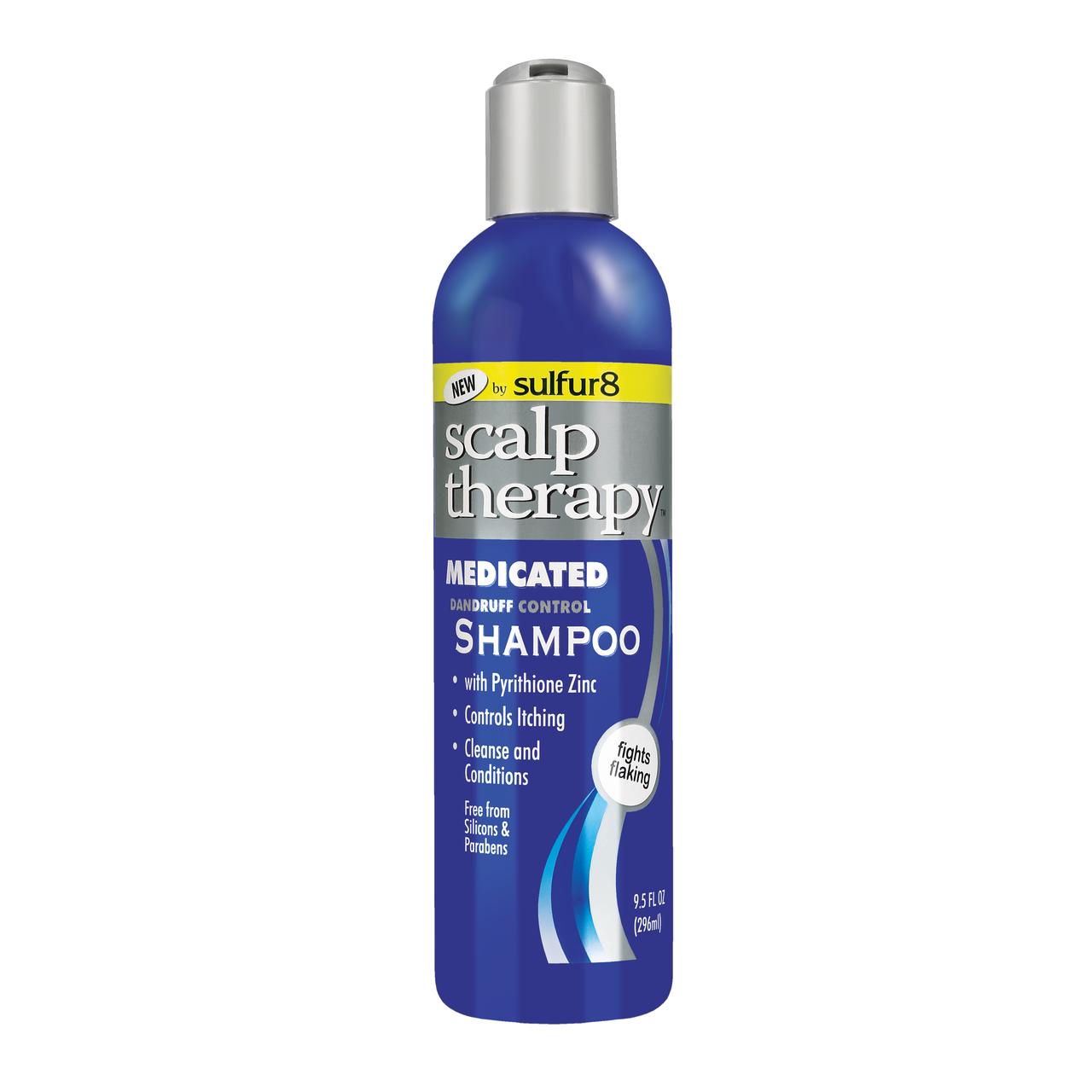 Sulfur 8 Scalp Therapy medicated dandruff control shampoo bottle with label, designed for scalp and hair care.