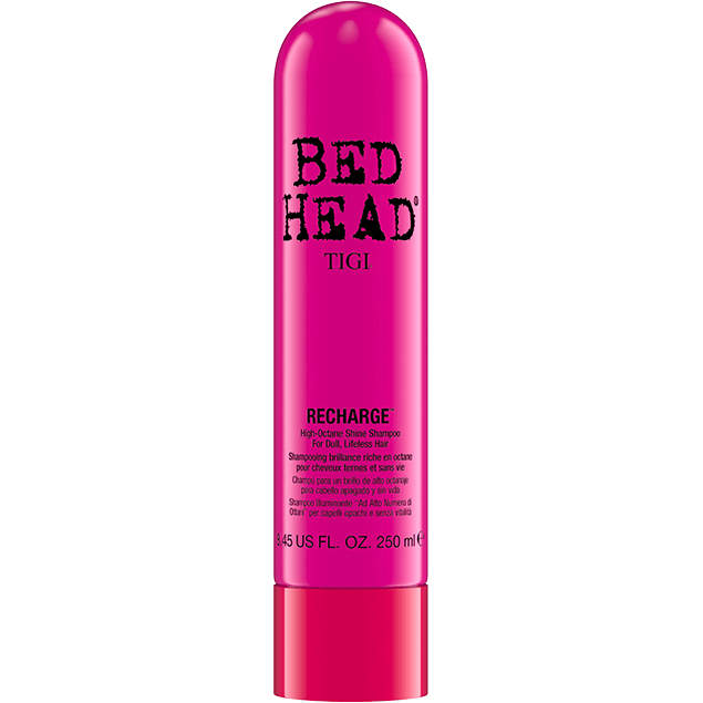 Tigi Bed Head Recharge High-Octane Shine Shampoo 8.45 oz bottle, displaying sleek bottle design and vibrant branding.