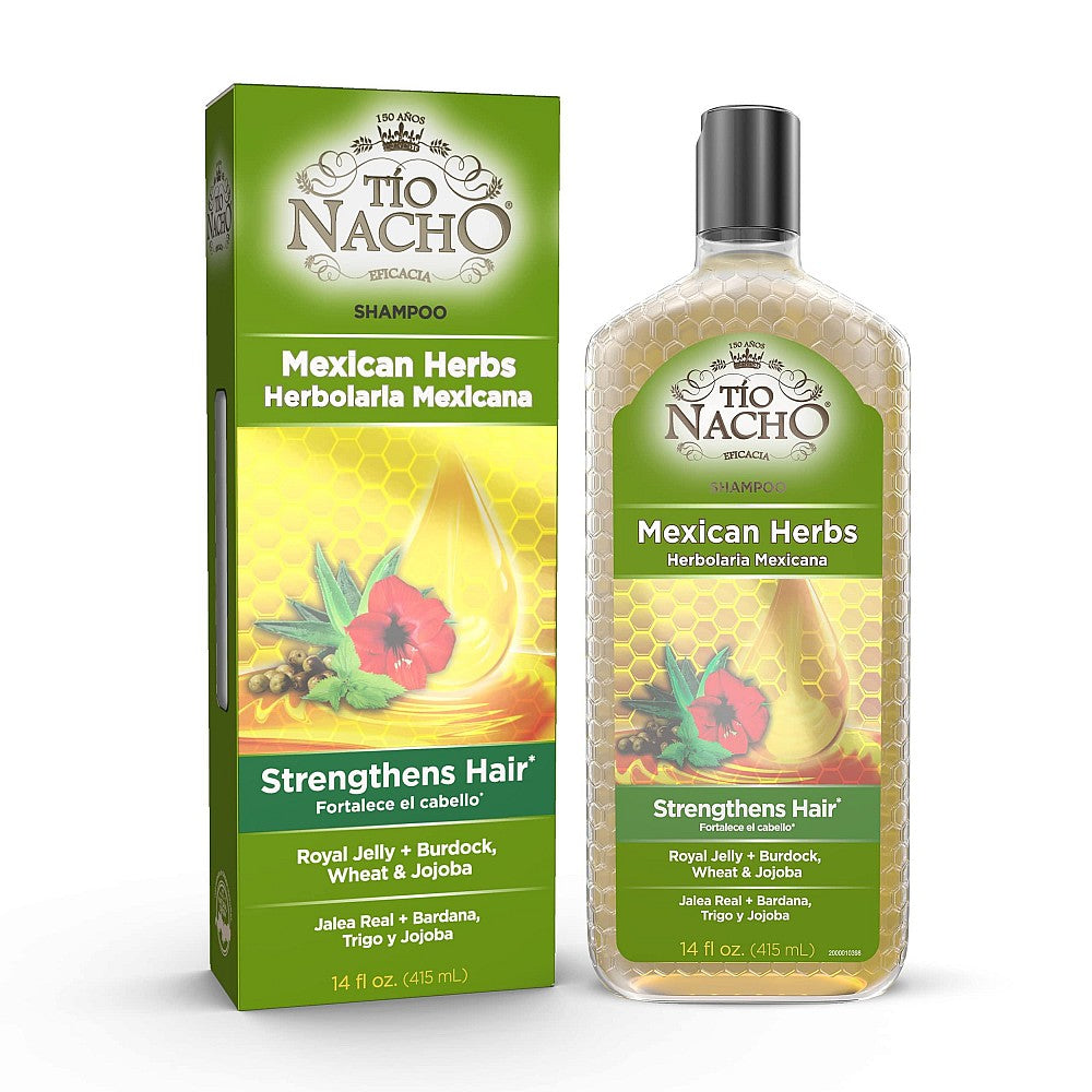 Pasteur Pharmacy Tio Nacho Shampoo with All Day Volume and Antiaging benefits, 14 oz bottle, showing the shampoo bottle and label