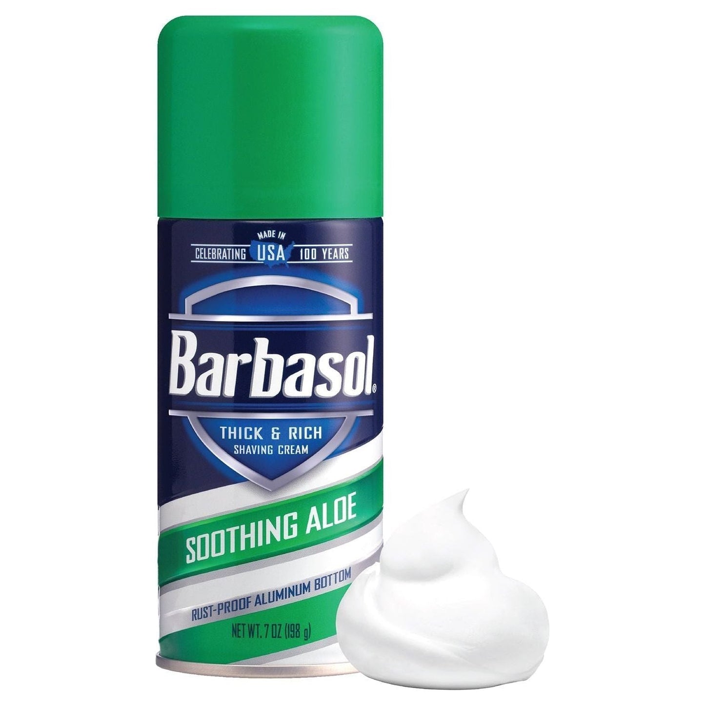 Barbasol Soothing Aloe Thick & Rich Shave Cream in 7oz jar, featuring aloe for gentle, moisturizing shave care.