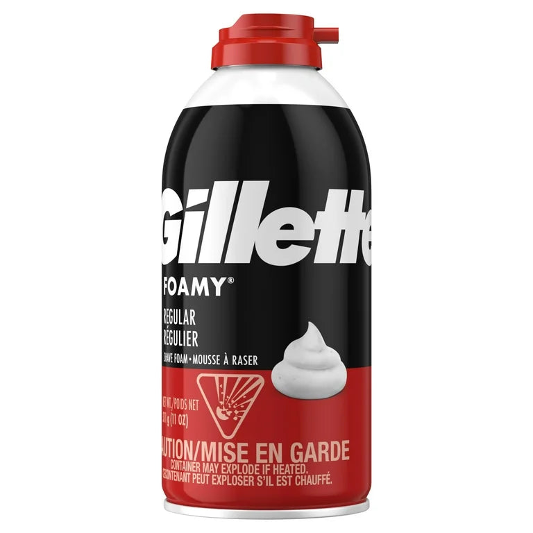 Gillette Foamy Men's Regular Shave Foam in an 11 oz can, showing the product label and foam dispensing nozzle.