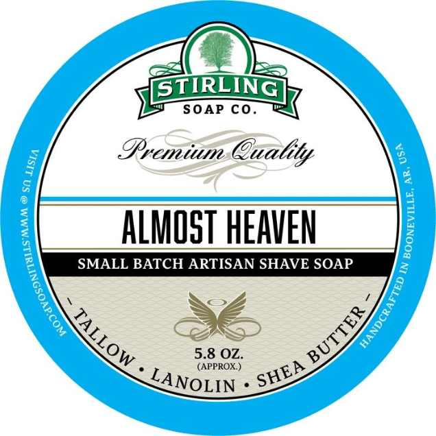 Pasteur Pharmacy Stirling Soap Co. Almost Heaven shave soap jar, 5.8 oz, with a creamy soap surface in a classic jar.