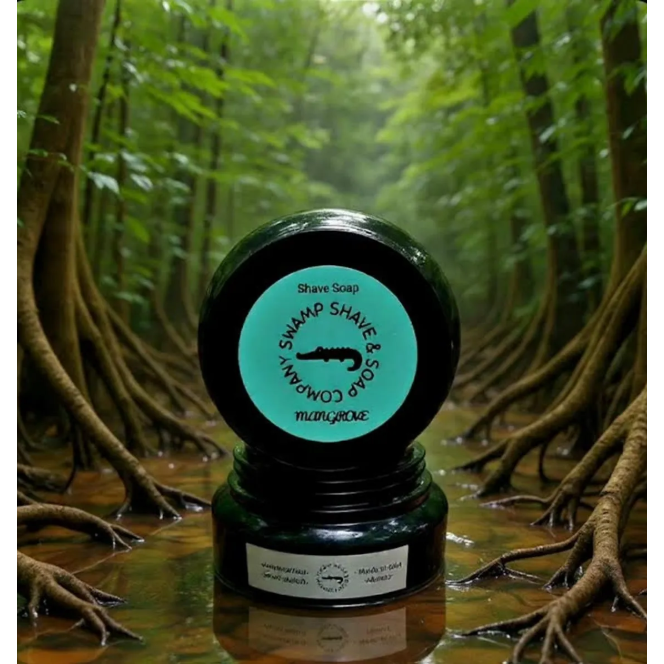 Mangrove shave soap by Swamp Shave & Soap Company in a 4.2 oz container, featuring natural ingredients and a creamy lather.