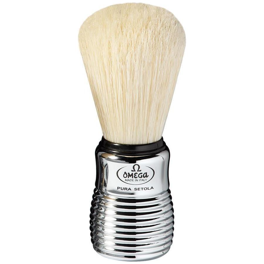 Omega aluminium shaving brush with natural bristles and a sleek handle, designed for a smooth shaving experience.