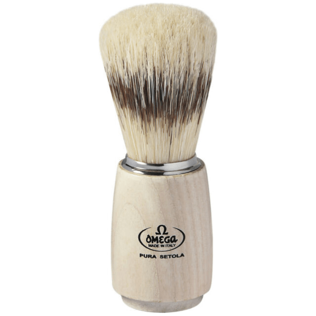 Omega Banded Boar Shaving Brush with White Ash Wood handle, natural bristles, designed for a traditional shaving experience.