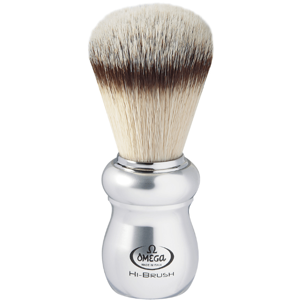 Omega Heavy Aluminum Hi-Brush Shaving Brush by Pasteur Pharmacy with dense bristles and sleek aluminum handle.