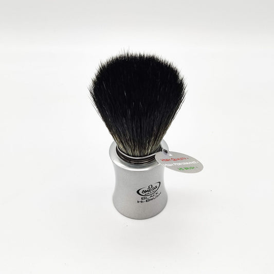 Omega Italy Shaving Brush 196820 with black vegan synthetic hair and aluminum handle, ideal for smooth shaving.