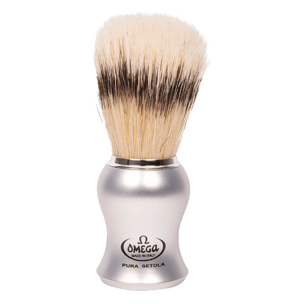 Omega matte silver handle shaving brush displayed on a black stand, featuring soft bristles and sleek design for traditional shaving.