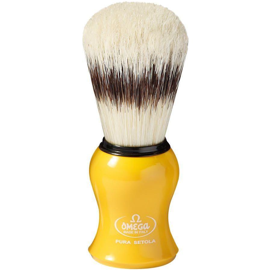 Omega Pure Bristle Shaving Brush with stand in assorted colors, featuring natural bristles and a sleek holder for classic shaving.