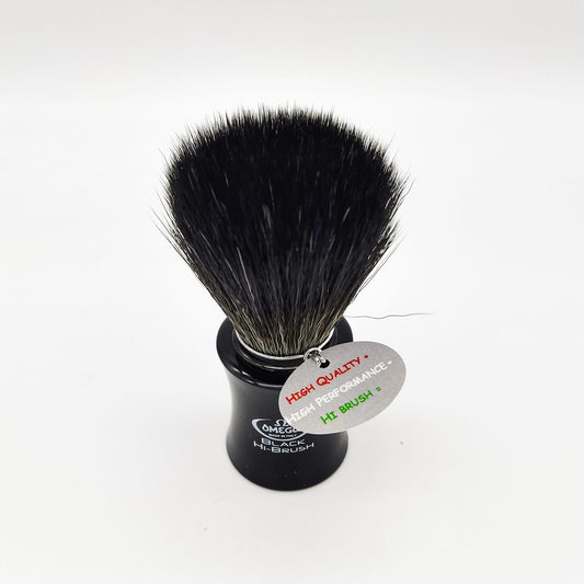 Black Omega Shaving Brush by Pasteur Pharmacy with synthetic fiber bristles, featuring a sleek handle for a smooth shave.