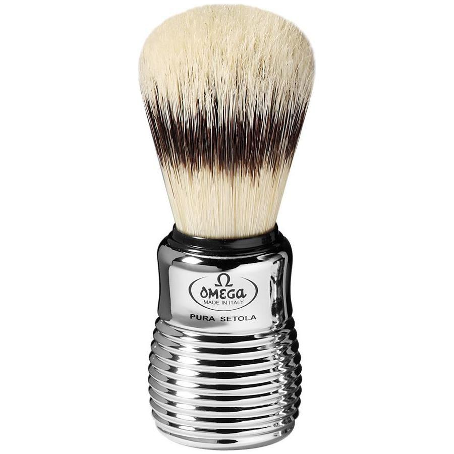 Omega shaving brush with stand, featuring pig bristles and Dachs-Optik finish, designed for a traditional shave by Omega Italy.