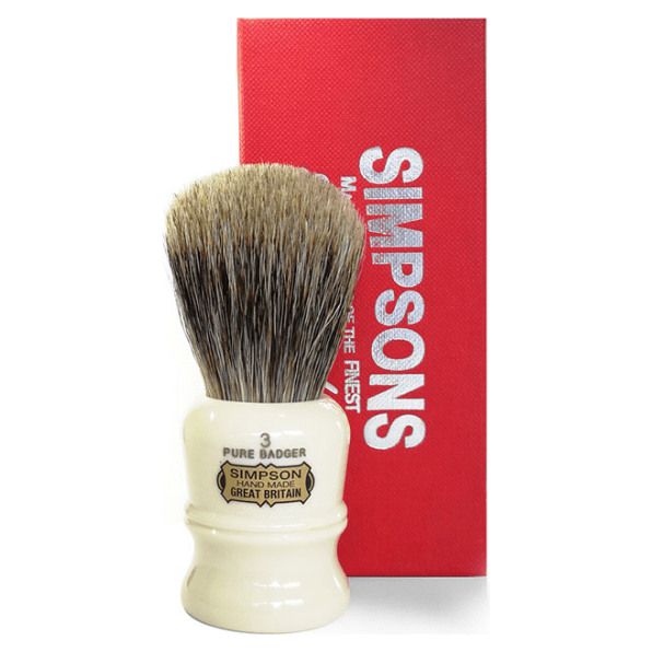 Simpsons Duke D3 pure badger shaving brush with wooden handle, ideal for traditional wet shaving.