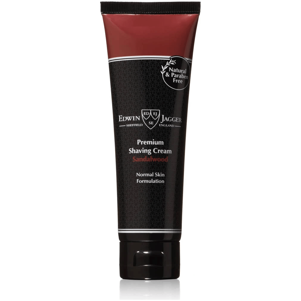 Edwin Jagger Sandalwood Premium Shaving Cream tube, 2.5 oz, in a white tube with sandalwood scent and branding.