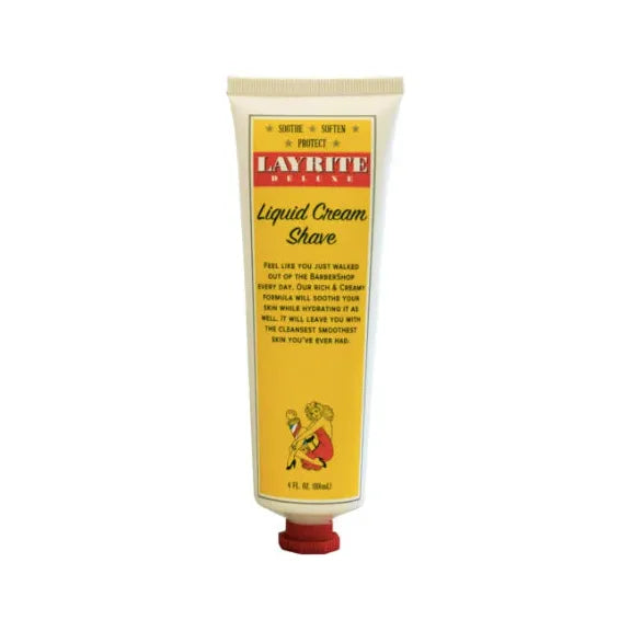 Layrite Deluxe Liquid Cream Shave in 4oz bottle, a shaving cream product from Pasteur Pharmacy with a smooth, creamy texture.