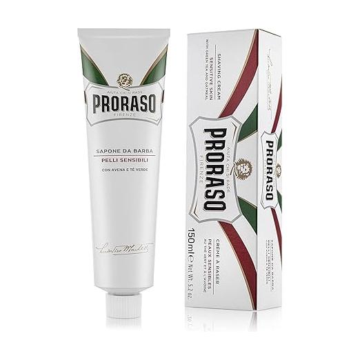 Proraso Sensitive Skin Shaving Cream in 5.2 oz tube, gentle formula for sensitive skin, natural ingredients, creamy texture.