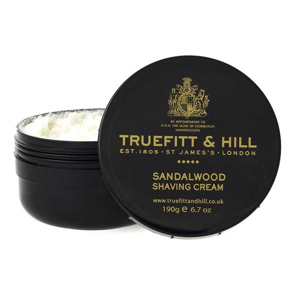 Truefitt & Hill Sandalwood Shaving Cream in a 6.7 oz jar, featuring a rich sandalwood scent and smooth shaving experience.