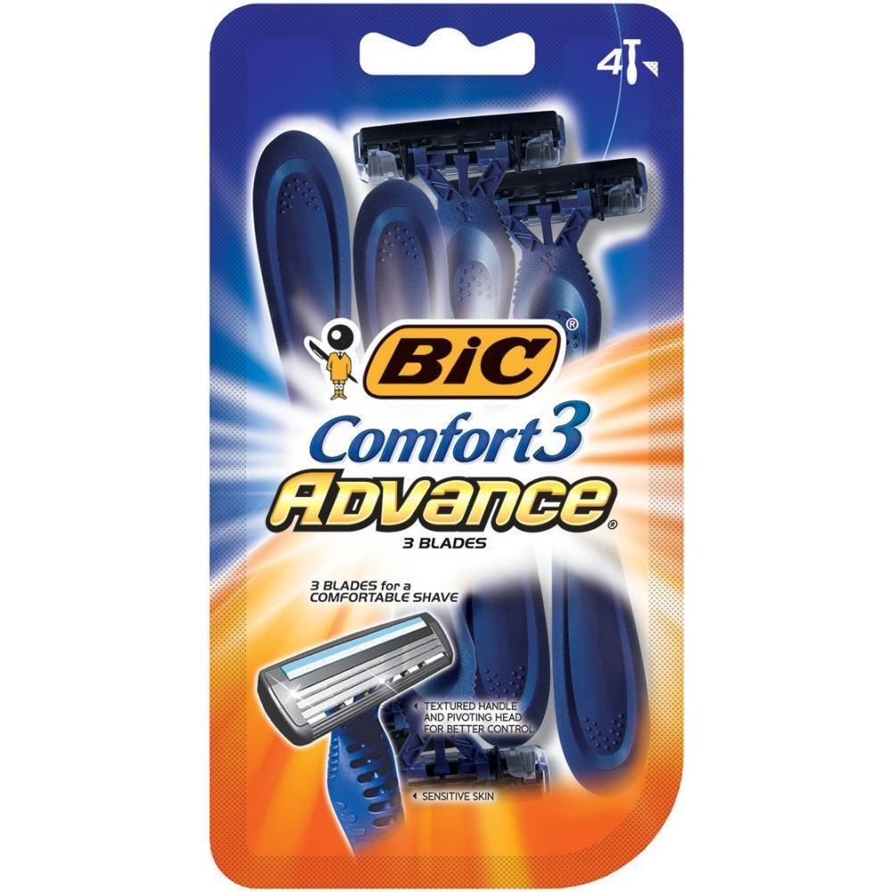 BiC Comfort 3 Advance disposable razors for men, featuring a triple-blade design and ergonomic handle for smooth shaving.