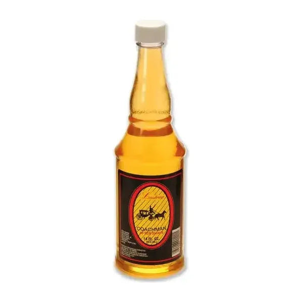 Clubman Lustray Coachman after shave in a 14 oz bottle, grooming product with a classic design and label.