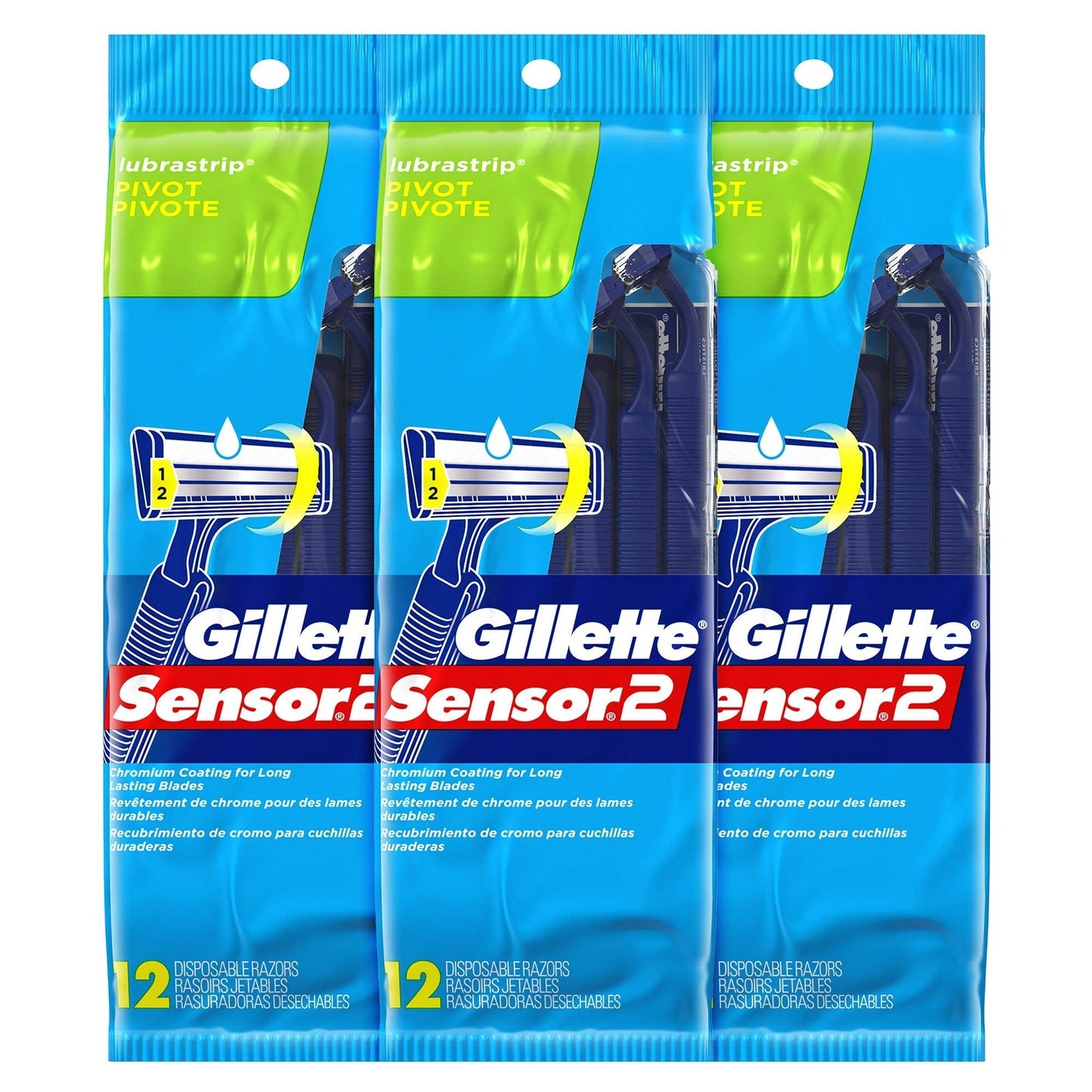 Gillette Sensor 2 Lubrastrip Pivot Disposable Razors for shaving and grooming, featuring pivoting head and lubricating strip.
